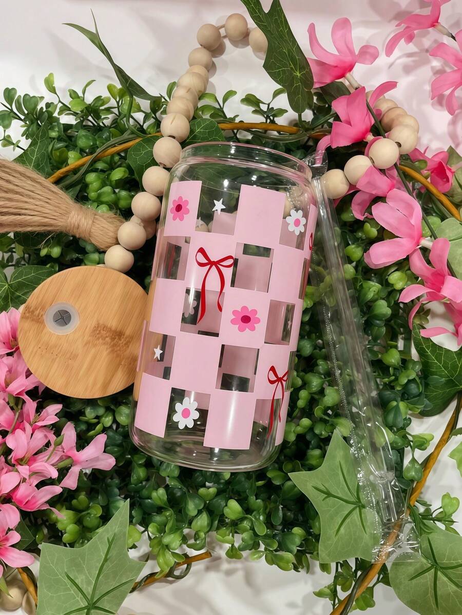 Ly uống trà/cà phê bằng thủy tinh có ống hút, họa tiết bàn cờ hồng trang nhã, kiểu dáng hình hộp có nắp và ống hút, thích hợp cho cà phê, trà, nước ép, trà, đồ uống lạnh, v.v. - Nhiều màu - Xem 1