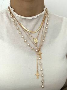 4pcs Y-Shaped Necklace Set - Elegant Vintage Geometric Faux Pearl Cross Embossed Texture Religious Element Snake Chain Tassel Pendant Necklace, Fashionable Minimalist Vintage Design, Suitable For Holidays, Parties, Dates, Gifts, Daily Wear - Multicolor - View 3