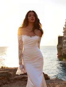 Elegant Sexy Off Shoulder Lace Long Sleeves Pleat Mermaid Satin Wedding Dress,Registry Office Dresses Bridal Gown,Evening Party Dress Birthday Party Dress Country Wedding,Romantic Church Ceremony Wedding Dress,Suitable For Wedding,Dating,Party,Singles' Party,Vacation,Formal Occasions,Dinner Dress,Prom Dress,Homecoming Dess,Cocktail Party,Wedding Guest Dress,Graduation - 白色 - 查看 4