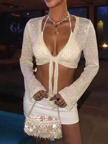 Mejors 女士休闲可爱 Y2K 风格亮片纯色长袖 V 领针织开衫毛衣，适合春季、夏季、秋季、派对、夜店、约会、度假、日常穿着 - 白色 - 查看 2