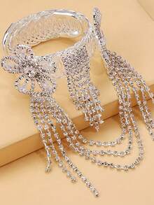 优雅全钻花朵流苏臂链，时尚开口手链，新娘时尚手链，适合婚礼宴会佩戴 - 彩色 - 查看 3