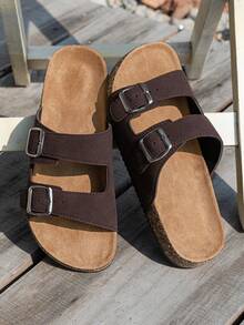 Dép lê mùa hè unisex, thiết kế hai quai thời trang, họa tiết chữ trên phần trên, phong cách tối giản, đế bằng nút bần mềm mại, thoải mái khi đi ngoài trời và ra biển. - màu nâu - Xem 4