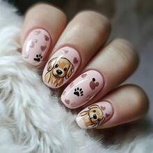 24pcs Short Glossy Animal Dog Pattern Detachable False Nails, Pink Heart Shaped Nail Stickers, Convenient For Daily, Party, Holiday - Champagne - View 8
