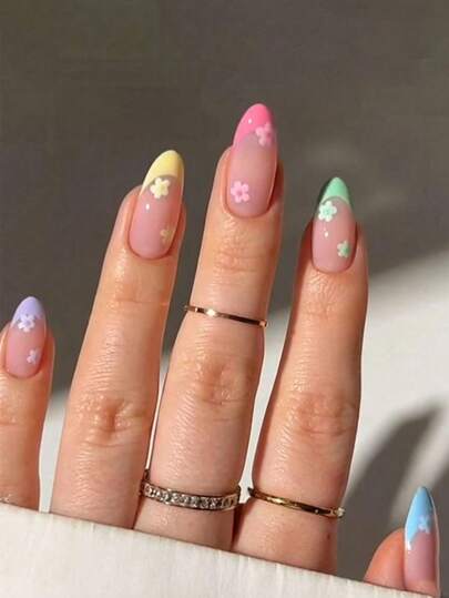 24pcs Spring/Summer Almond-Shaped Colorful Floral Nail Stickers, Suitable For Fashion Girls, Career Women, Parties, Dates, Daily Wear, And Holidays Press On Nails