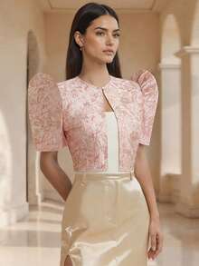 1pc Modern Filipiniana Top, Butterfly Sleeves Filipiniana Jacquard Button Short Sleeve Cardigan Blouse, Pink - Pink - View 5