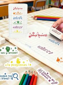 1 Set mit 6 Stempeln: 5-Sterne-Bewertungsstempel, Chilipfefferstempel, Herzstempel, Trinkwasserstempel, Wetterstempel, Stimmungsstempel, geeignet für Notizbücher, Tagebücher, Marker, E-Mails, Umschläge, Büromaterial usw. - Mehrfarbig - Übersicht 8