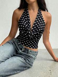 Women's Y2K Polka Dot Halter Crop Top Deep V Backless Slim Fit Parisian Street Style Spring Summer Date Cafe Streetwear - Black - View 5
