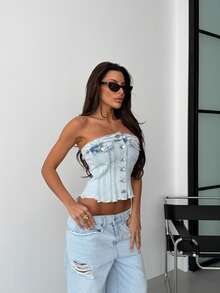 SQUALO Women's Denim Leopard Print Bandeau Crop Top Slit Hem - Blue - View 5