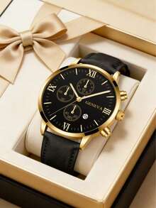 1只男士商务三眼罗马数字表盘石英表，真皮表带，适合日常佩戴、生日、送礼、周年纪念、年末促销、双十一、万圣节促销等场合，不含礼盒 - 彩色 - 查看 4
