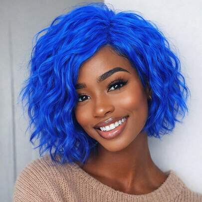 Peluca corta rizada de 10 pulgadas para mujeres, cabello sintético de alta densidad en degradado azul, dorado, púrpura y negro con raya lateral, resistente al calor, versátil para uso diario, fiestas, festivales de música y carnaval