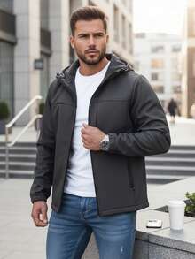 Men's Softshell Jacket, Hooded, Zippered, Adjustable Hood Buckle, Long Sleeves, Pockets, Men's Transitional Jacket, Elastic Fabric, Casual Athletic Cut, Softshell Jacket. - Dark Grey - View 2