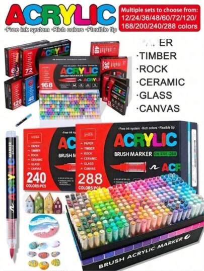 72/60/48/36/24/12 Colors Acrylic Paint Markers, Student Art Professional Drawing Soft Tip Markers, Compact Paper Stackable For DIY Coloring Books, Suitable For Glass, Stone, Waterproof Body Art, Christmas Gift