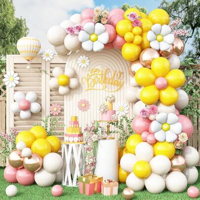 デイジー柄 116個 バルーンリース セット、デイジーのアルミ風船と黄色、ピンク、白、ゴールドのラテックス風船が含まれます。誕生日パーティー、ベビーシャワー、結婚式の装飾、ブライダルシャワー、ヒッピーやボヘミアンテーマのパーティーに最適です。