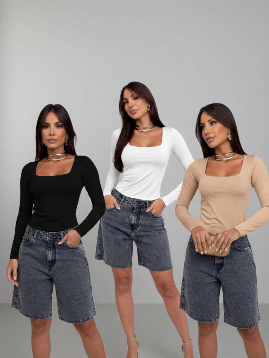 Set Of 3 Women's Second Skin Baby Look Blouses, Long Sleeve, Square Neck, Basic Shaping, Soft Supplex Fabric, Lined, Elastic, Premium Casual Fashion, Versatile, - ĐEN-BEIGE-TRẮNG - Xem 1