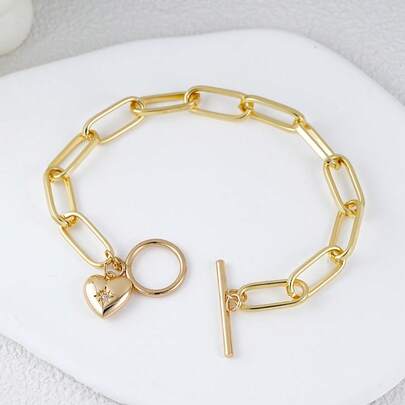 1pc Minimalist Cubic Zirconia Heart Pendant OT Clasp Bracelet, Suitable For Women's Daily, Date, Party Matching