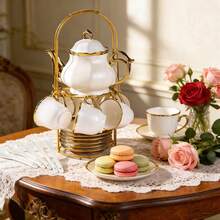 20-Piece Tea Cups Holder & Organizer, Gold Metal Rack For Coffee Cup, Spoon & Saucers, Porcelain Ceramic Tea Gift Set For 6 - Complete Serving Set With Organizer, Ultimate Gift For Tea Lovers, Perfect Mother's Day, Christmas & Housewarming - White - View 8