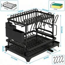 HanTai 2 Tier Dish Drying Rack For Kitchen Counter - Large Dish Drainer With Drainboard & Utensil Holder, Extendable Spout Strainers, Knife Slots, And Cup Organizer (Black) - View 6