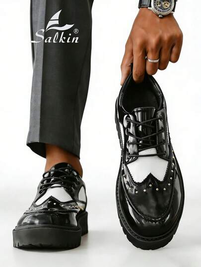 Salkin Fashion Designer Men's Derby Shoes Rivet Chick Sole Platform Anti Slip Wear-Resistant 4CM Elevator Shoes Men Lace Up Glossy Leather Dress Shoes Light-Weight Rivet Decoration Daliy Going Outfits Social Shoes Male Daily Office Party Wedding Shoes For Men ‌Couple's Date ‌Romantic Dinner Festive Gift‌ Back To School Students Shoes Preppy,Please Choose One Size Up