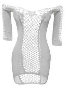 1 pieza Vestido de malla brillante en la oscuridad para mujer, vestido de malla transparente de color verde neón con diseño hueco, vestido de malla y encaje semitransparente y ajustado, adecuado para fiestas, citas de San Valentín y ocasiones especiales - Blanco - Ver 5