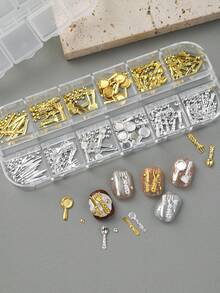 12 ô/hộp Phụ kiện trang trí móng tay hình bộ đồ ăn dễ thương, đinh tán trang trí móng tay, thìa, dĩa, dao, chảo rán bằng kim loại 3D màu vàng bạc dễ thương, hạt trang trí móng tay hỗn hợp, trang sức móng tay cưới và phụ kiện đính đá cho móng tay - Nhiều màu - Xem 4