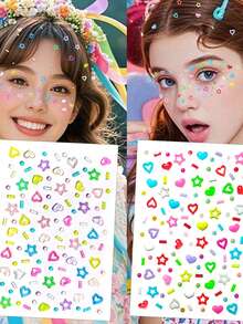 1/2/3 Styles Hollow Five-Pointed Star & Heart Shaped Stickers, Mixed With Dopamine Elements, Self-Adhesive Back, Suitable For Festivals, Performances, Concerts And Other Occasions, Also Can Be Used As Nail Art Decoration Stickers. - Multicolor - View 10