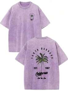 100% Cotton Double-Sided Santa Barbara Palm Tree Print Tee Unisex, Washed Short Sleeve Top, Y2K Streetwear Gift For Boyfriend Husband Daily Outfit - 紫羅蘭色 - 查看 15