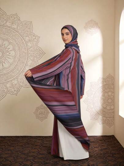 Áo Abaya Hồi giáo dáng rộng, tay dài, màu ombre thanh lịch, kèm khăn trùm đầu, thời trang kín đáo.