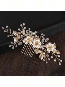1pc Handmade Gold Alloy Pearled Flower Bridal Hair Comb, Wedding Headpiece, Party Dress Accessory - Vàng - Xem 3