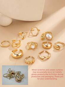 1 Set Of 11pcs Exaggerated Faux Pearl Adjustable Rings, Vintage Creative Asymmetrical Liquid Geometric Lava Ring Set, Suitable For Women's Daily, Vacation, Party Wear - Gold - View 8