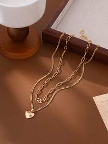 两件套简约心形立方氧化锆叠层吊坠项链，独特珠宝礼物，送给女孩 - 金黃色 - 查看 7
