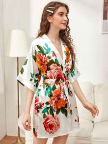 Hand-Painted Peony Pattern Short Silk Robe For Women - White - View 4