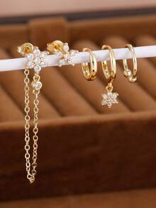 5PCS Flower Dangle Hoop Stud Ear Clip Earring For Set Women Zirconia 18K Gold Plated Earring Women Vacation Party Jewelry - 1-gold-5PCS - View 2