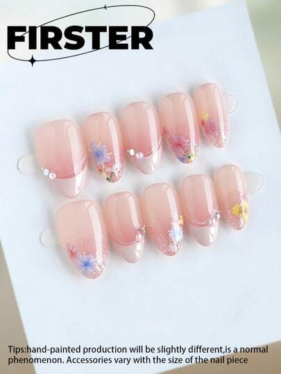 10pcs Short Almond Handmade Press On Nails, Nude Blush Fake Nails, Glitter Floral & Pearl Nail Art, Glossy Finish, Reusable Acrylic Nails For Y2K Style And Summer Daily Wear