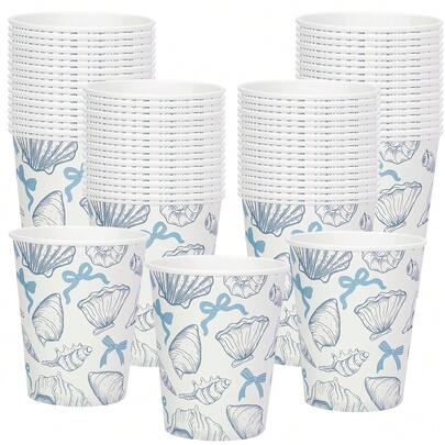 10pcs/30pcs/50pcs Bow Ocean Paper Cups Blue Bow Starfish Seashell Disposable Cups For Hot Cold Drinks Summer Under The Sea Party Table Supplies, 9 Oz
