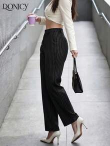 DONICY Quần ống rộng xếp ly cạp cao màu đen kẻ sọc dáng ôm dành cho nữ, có đai thắt lưng, trang phục công sở thanh lịch cho mùa xuân/hè. - màu đen - Xem 7