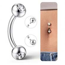 女士小巧金色肚脐环 - 低过敏性内螺纹精致肚脐穿孔饰品，镶嵌小巧的漂浮锆石，简约弯曲杠铃式肚脐环 - A - 查看 13