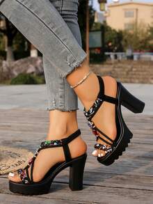 休闲沙滩PU皮革搭扣水钻弹力沙滩凉鞋 - 黑色 - 查看 3