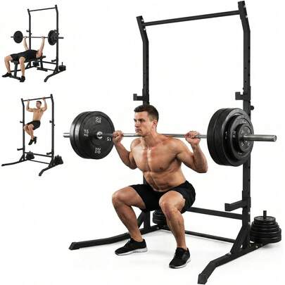 Power Cage Squat Rack Belastbar, Kraftturm Multifunktionales Power Rack für Home Gym Dip Stange, Verstellbarem J-Haken & Sicherheitsstangen für Klimmzüge mit Langhantel