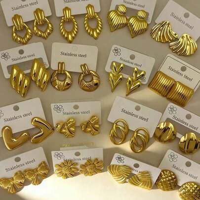 24 Pieces (Random Styles) Of Gold-Plated Stainless Steel Earrings, Stainless Steel Earrings, Elegant Design, Low-Allergy Stainless Steel Earrings Set, The Best Earrings Gift For Female Friends
