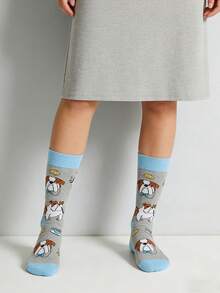 1双男女通用灰色斗牛犬可爱小狗图案休闲中筒袜，适合所有季节，男女皆宜 - 灰色 - 查看 6
