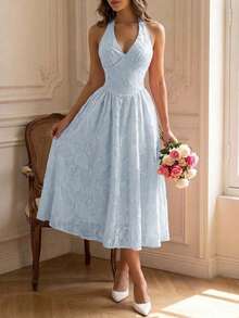 Perirose Women's Elegant Halter Neck Maxi Dress With Deep V-Neck & Backless Design, Flowy A-Line Skirt For Holiday Party, Christmas - Baby Blue - View 2