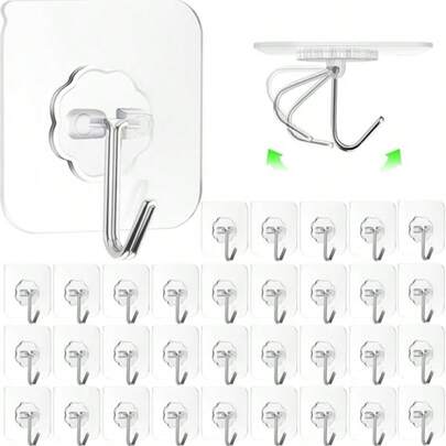 50pcs Transparent Strong Adhesive Hooks, No Drilling Required, Waterproof, Rust-Proof, Suitable For Clothes, Hats, Utensils, Shoes, Accessories, Kitchen Items, Bags, Kitchen, Bathroom, Living Room, Bedroom, Hanging Racks, Multi-Purpose Wall Mount