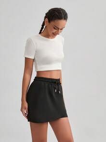 Women's Solid Color Drawstring Waist Casual Shorts, Versatile For Daily Wear, Hiking, Running, Cycling Sports - Black - View 4