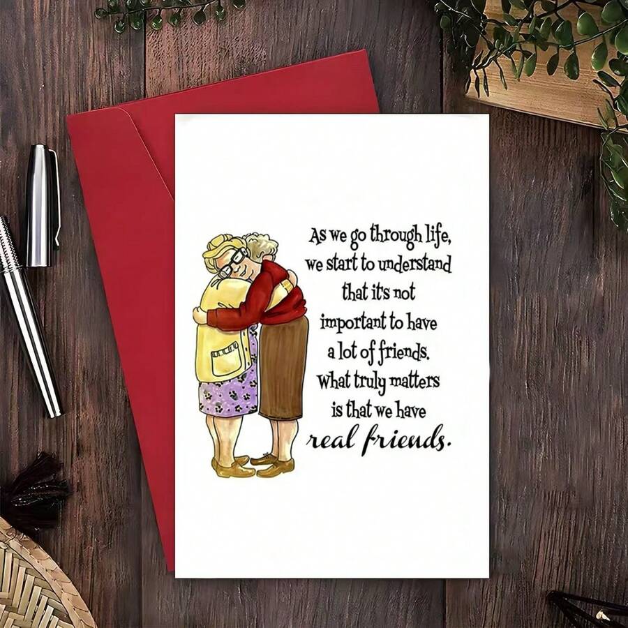 1PC Heartwarming True Friend Greeting Card - "Real Friends Matter Most" Message, Perfect For Besties/Bosom Friends Birthdays/Anniversaries, Warm Senior Wish Card - One Size Fits All - View 1