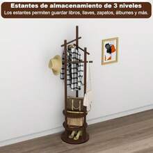 Owii Perchero Giratorio Perchero Para Ropa Independiente de Madera Perchero Resistente con Estante de Almacenamiento y 3 Barras Transversales para Entrada Oficina Dormitorio 40*40*171CM Nogal - Bastante - Ver 6