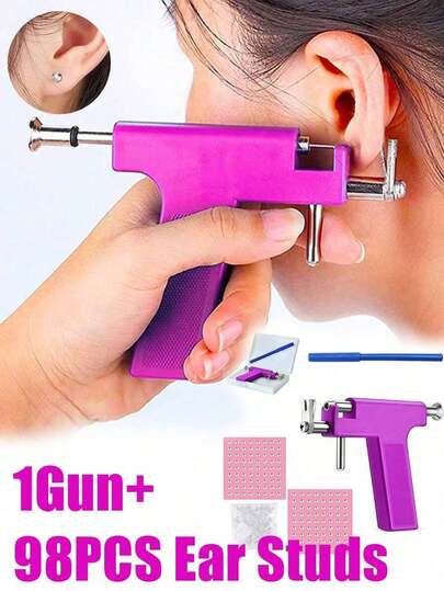 1 Set 98pcs Reusable Ear, Body, Nose, Navel, Lip, Tongue Piercing Gun Machine Supplies Toolkit, Includes Earrings, Professional Sterile Piercing Tools