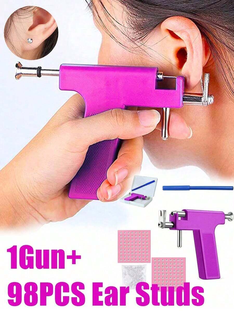 1 Set 98pcs Reusable Ear, Body, Nose, Navel, Lip, Tongue Piercing Gun Machine Supplies Toolkit, Includes Earrings, Professional Sterile Piercing Tools - 藍色 - 查看 1