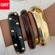 GNIT “3件套/1件套粗手镯套装 - 黑色铆钉树脂、玳瑁纹亚克力和金色金属手镯，女士可叠戴个性手镯套装 - 前卫金色铆钉、玳瑁纹和粗金开口手镯，树脂和金属手镯叠戴 - 轻盈粗手镯，适合日常和夜间外出佩戴” - 駭卡金 - 查看 13
