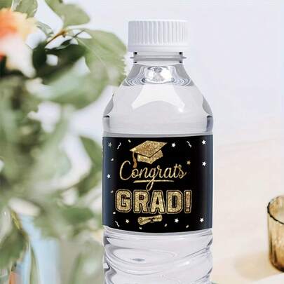 20pcs Graduation Label Water Bottle Decal, Black And Golden Water Bottle Packaging Label Decal, Graduation College High School Senior Party Gift Water Bottle Labels