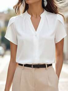 White Women's Work Shirt With Notched V-Neck And Ruffled Sleeves, Short-Sleeved Blouses - White - View 8